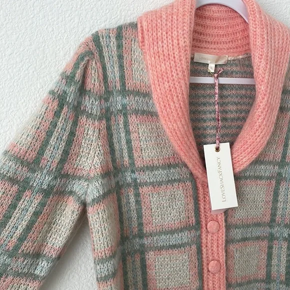 Love Shack Fancy Jeeves Plaid Button Down Wool Cardigan NWT Small Pink Preppy - Picture 3 of 10